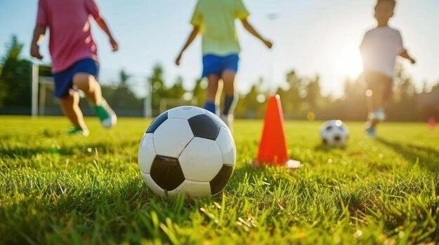 Niños jugando fútbol en las canchas deportivas de pasto