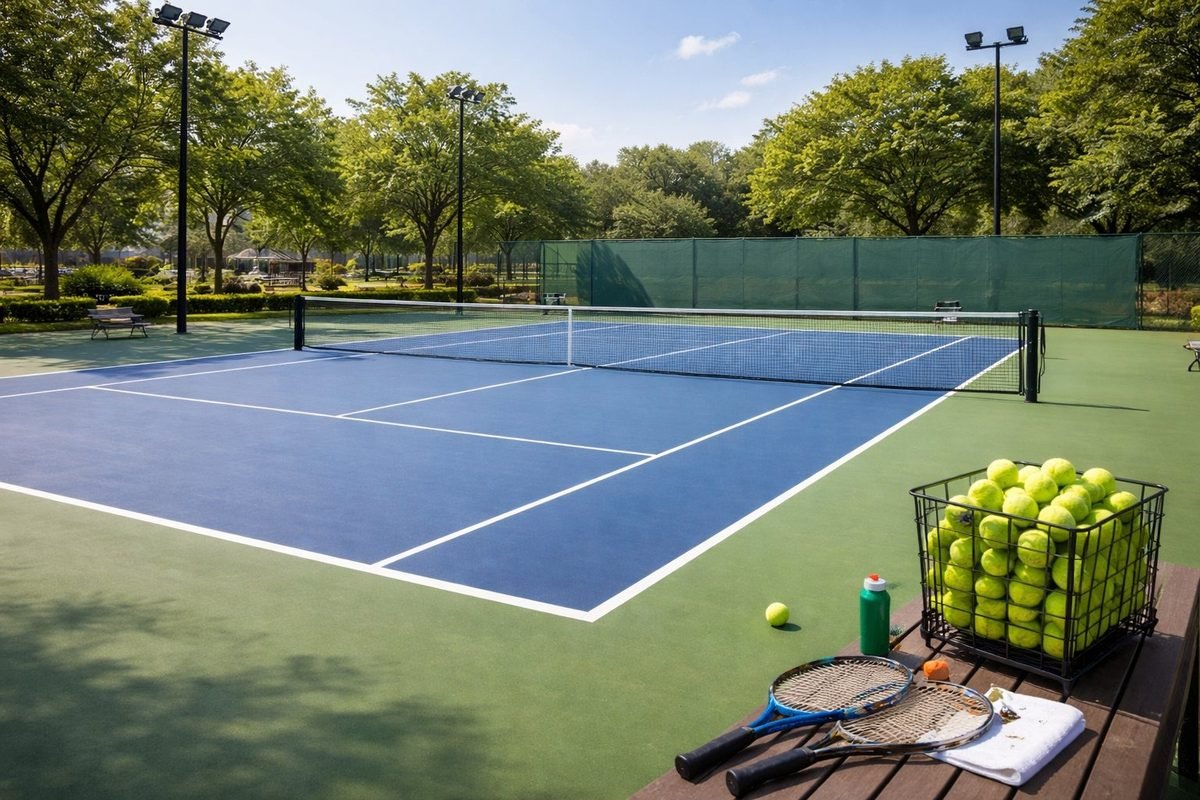 Cancha de tenis de superficie rápida rodeada de árboles