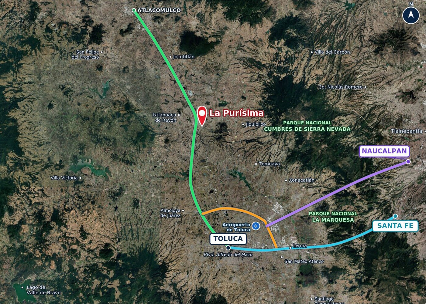 Mapa satelital con la ubicación de Hacienda La Purísima y las autopistas de acceso desde Toluca, Atlacomulco, Naucalpan y Santa Fe